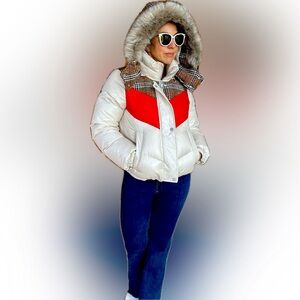 Puffer jacket, multimedia fabric, detachable hood with faux fir trim.